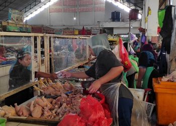 Jual Beli: Pedagang Daging Ayam Saat Melakukan Transaksi Jual Beli di Pasar Bitingan Kudus