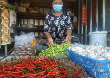 JUAL BELI: Salah satu pedagang di Pasar Puri saat menunjukkan barang dagangannya berupa cabai dan lainnya. (Aziz Afifi/Harianmuria.com)