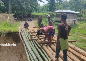 GOTONG ROYONG: Warga gotong royong mendirikan jembatan darurat usai Jembatan Bancang Sale ambrol diterjang luapan arus sungai. (R Teguh Wibowo/Harianmuria.com)