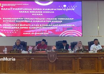 DPRD Kudus saat menggelar rapat paripurna pembahasan Ranperda 2023 dan dihadiri oleh Bupati Kudus HM Hartopo. (Ihza Fajar/Harianmuria.com)