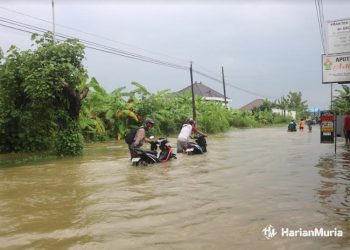 Pati Selatan Langganan Banjir, Suwarno: Harus Ada Kesadaran untuk Menanggulangi - Harianmuria Dua penggunaan jalan harus menuntun motornya dikarenakan mogok akibat nekat menerobos Jalan Raya Winong Jakenan Kamis, (14/3/2024). (Setyo Nugroho/Harianmuria.com)