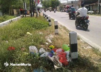 BERSERAKAN: Sampah di tepi jalan Pati-Kayen mengganggu kenyamanan pengguna jalan. (Arif Febriyanto/Harianmuria.com)