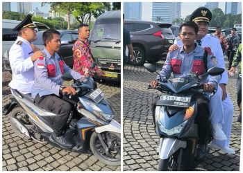 Kolase foto Bupati Blora Arief Rohman membonceng motor milik petugas keamanan di Monas. (Istimewa/Harianmuria.com)