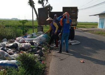Petugas Dinas Lingkungan Hidup (DLH) Pati membersihkan sampah di Jalan Raya Jakenan-Jaken. (Setyo Nugroho/Harianmuria.com)