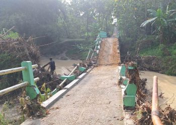 Kondisi jembatan penghubung antara Desa Sidorejo dan Desa Jatiharjo, Kecamatan Pulokulon, Grobogan, yang memprihatinkan dan nyaris patah. (Ahmad Abror/Harianmuria.com)
