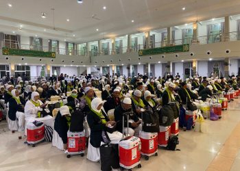 Jemaah haji dari Kudus saat pulang dari tanah suci pada musim haji tahun lalu. (Fahtur Rohman/Harianmuria.com)