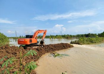 Alat berat diterjunkan untuk menambal tanggul jebol di Kabupaten Demak. (Burhan Aslam/Harianmuria.com)