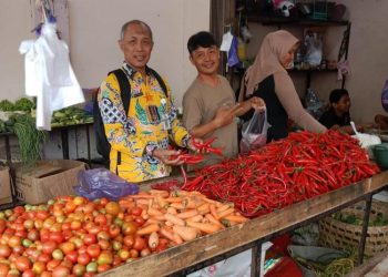 Analis Perdagangan Ahli Muda Disperindag Kabupaten Pekalongan, Heri Purnomo, memantau ketersediaan stok dan harga sayuran di salah satu pasar rakyat pada Rabu, 18 Juni 2025. (Fahri Akbar/Harianmuria.com)