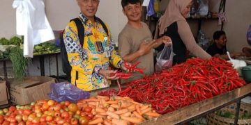 Analis Perdagangan Ahli Muda Disperindag Kabupaten Pekalongan, Heri Purnomo, memantau ketersediaan stok dan harga sayuran di salah satu pasar rakyat pada Rabu, 18 Juni 2025. (Fahri Akbar/Harianmuria.com)