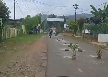 Portal dan pengamanan di Jalan Kalijoyo–Tambakroto untuk melindungi bagian yang baru saja diperbaiki oleh relawan Kandangserang, Minggu, 15 Juni 2025. (Dok. Warga/Harianmuria.com)