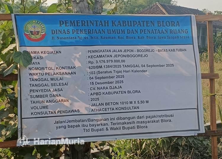 Proyek peningkatan Jalan Jepon–Bogorejo–Batas Tuban di Blora senilai Rp3,17 miliar molor dari jadwal, DPRD Blora mendesak percepatan.