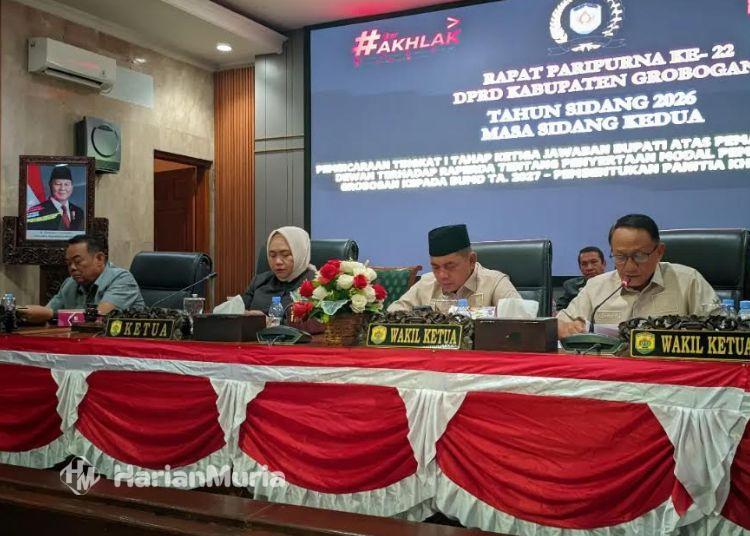 Bupati Grobogan Jawab Begini Soal Penyertaan Modal BUMD Rp2,6 M pada 2027 - Harianmuria Suasana rapat paripurna agenda jawaban Bupati Grobogan Setyo Hadi atas pandangan umum fraksi DPRD terhadap Raperda tentang Penyertaan Modal Pemerintah Daerah kepada BUMD Tahun 2027, Selasa, 18 Agustus 2026. (dok for Harianmuria.com)