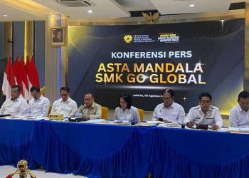 Konferensi pers Kementerian Pelindungan Pekerja Migran Indonesia (KP2MI) terkait peluncuran Asta Mandala SMK Go Global di Jakarta, Rabu (5/8/2026).